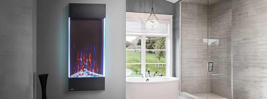 Napoleon Allure Electric Fireplace in a bathroom setting