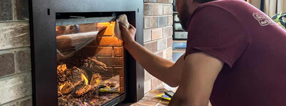 man cleaning the glass of an electric fireplace