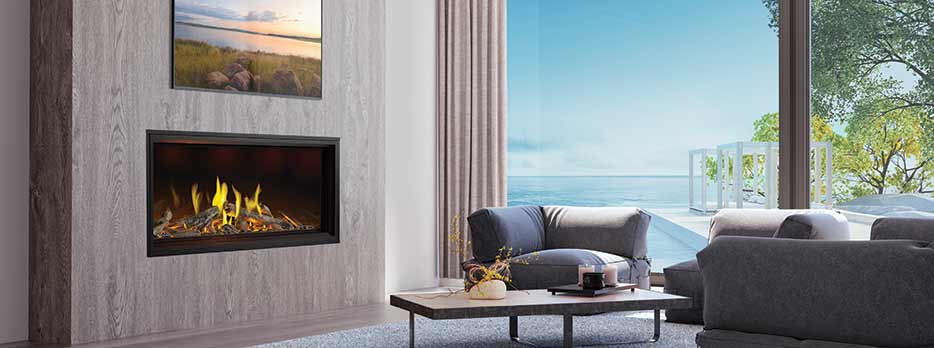 Napoleon Tall Luminous vector gas firepalce in a minimalist lifestyle setting