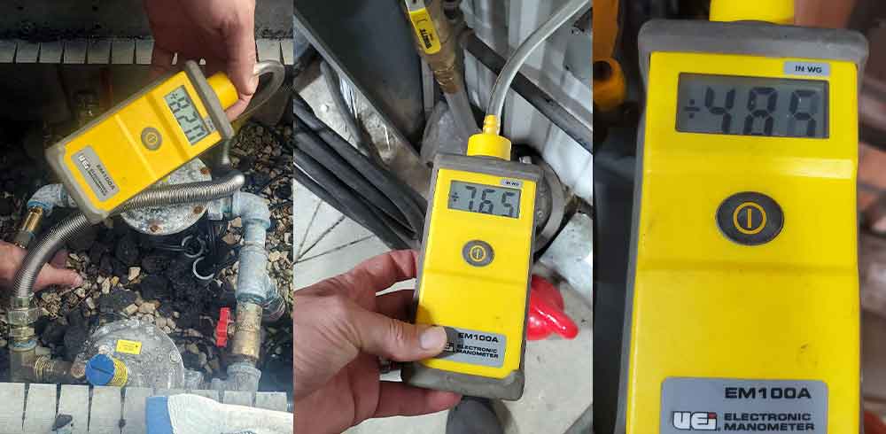 Manometer in use showing the difference between gas pressures and gas line sizing