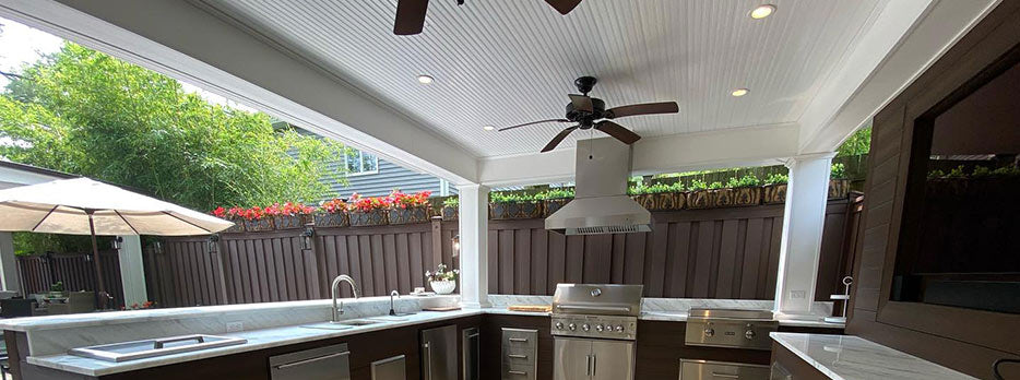 energy efficency with your perfect outdoor kitchen setup showcasing fans to help with heat